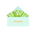Hello spring banner. Envelope with spring flower background. Lilies of the valley art design stock vector illustration